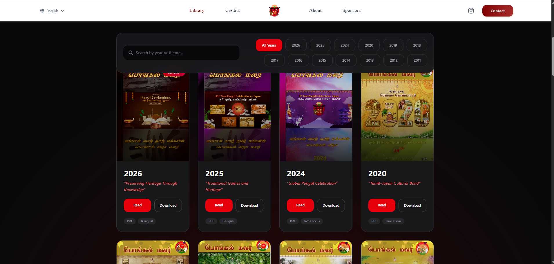 Pongal Malar library page listing every yearly edition back to 2011