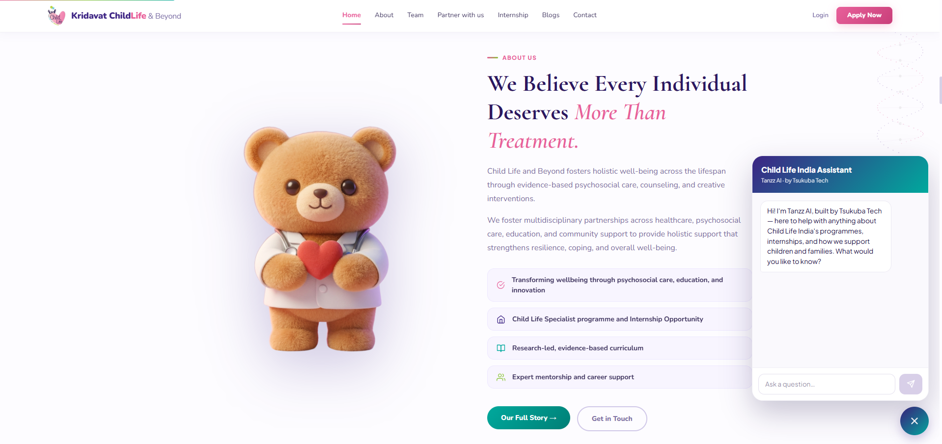 Child Life India Assistant - Tanzz AI support widget live on the site