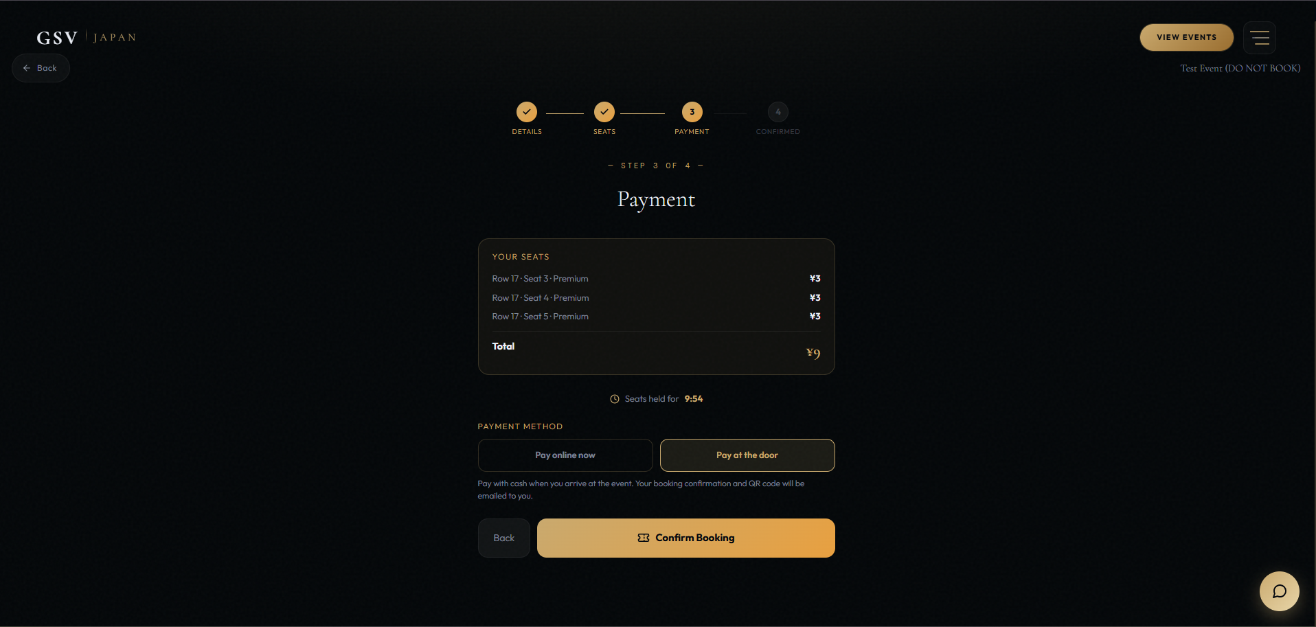 Checkout and payment screen on the GSV booking flow