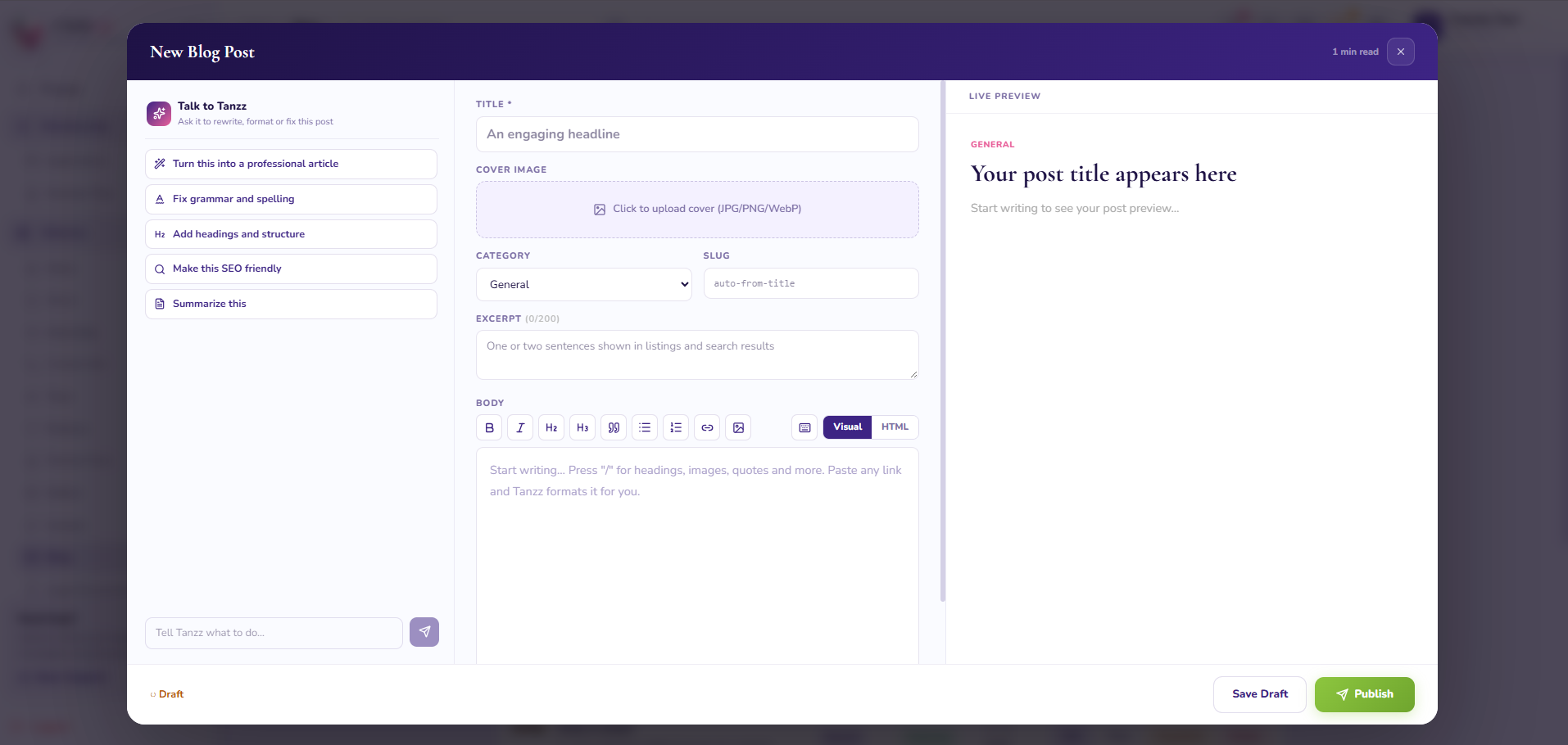 Talk to Tanzz panel inside the blog editor