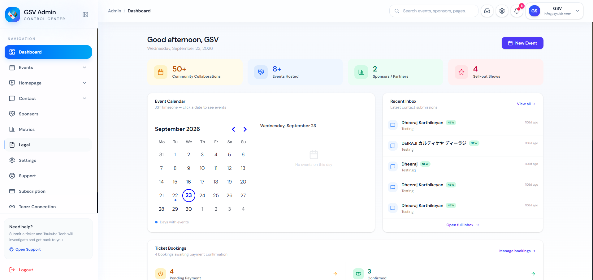 GSV admin control center dashboard