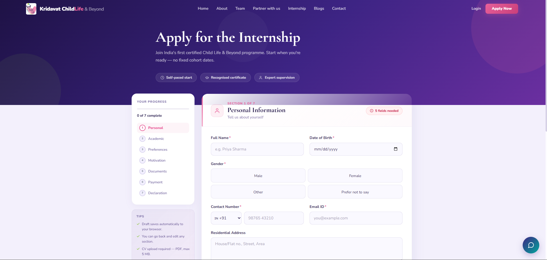 Multi-step internship application flow on the Childlife India platform