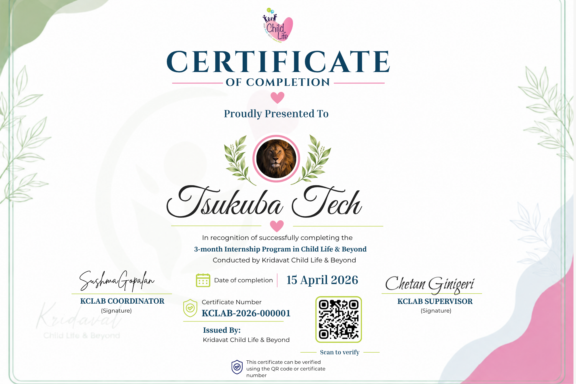 QR-verified completion certificate issued by the platform